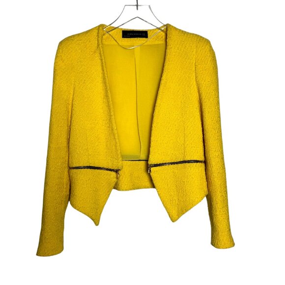 ZARA WOMAN Yellow Tweed Boucle Fantasy Moto Jacket Blazer Size small open style - Picture 1 of 10